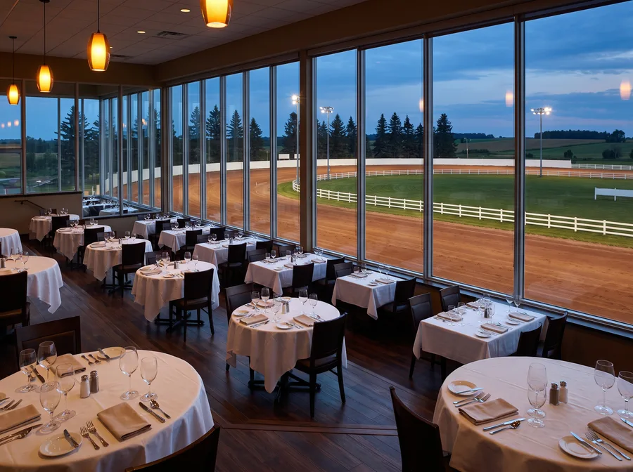 An empty dining room with white tablecloths behind tall windows that look over a harness racing oval with spruce trees and fields at dusk.
