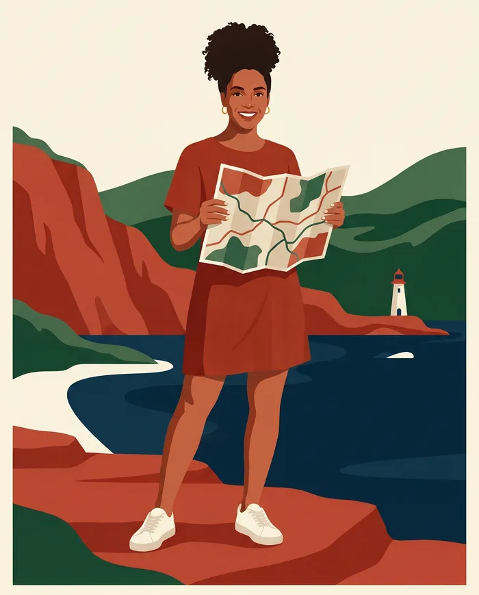Illustration: the same young woman stands on red sandstone by the sea, holding an unfolded road map, with cliffs and a small lighthouse behind.