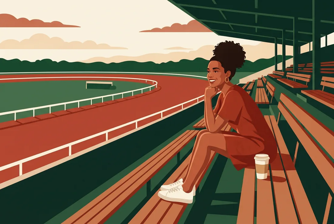 Illustration: the same young woman sits on an empty wooden grandstand bench with a coffee cup, looking out over the empty oval.